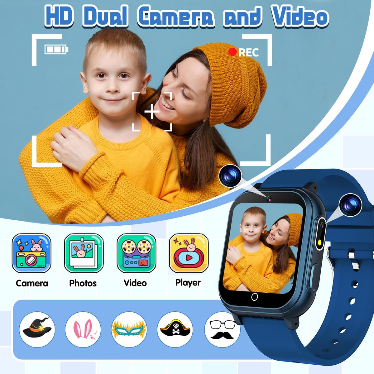 Reloj inteligente para niños de 3 a 12 años, resistente al agua IP67, 32 juegos de rompecabezas, pantalla táctil HD, cámara doble, podómetro, reproductor de música, reloj para niños, regalo de cumpleaños para niños de 5, 6, 7, 8, 9, 10 (azul)