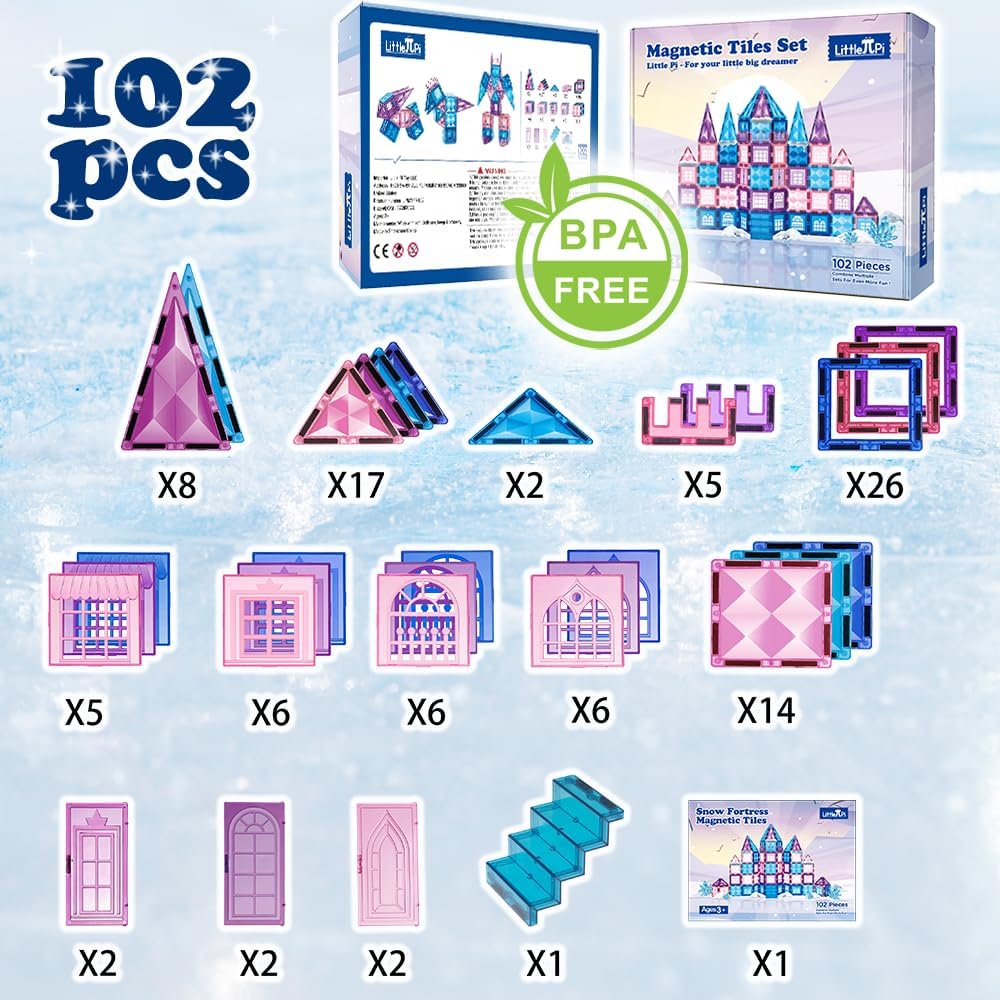Little Pi 102 piezas de bloques de construcción con azulejos magnéticos de castillo de princesa congelada - Bloques de diamante 3D, juguetes educativos STEM para juego de rol, regalos de cumpleaños