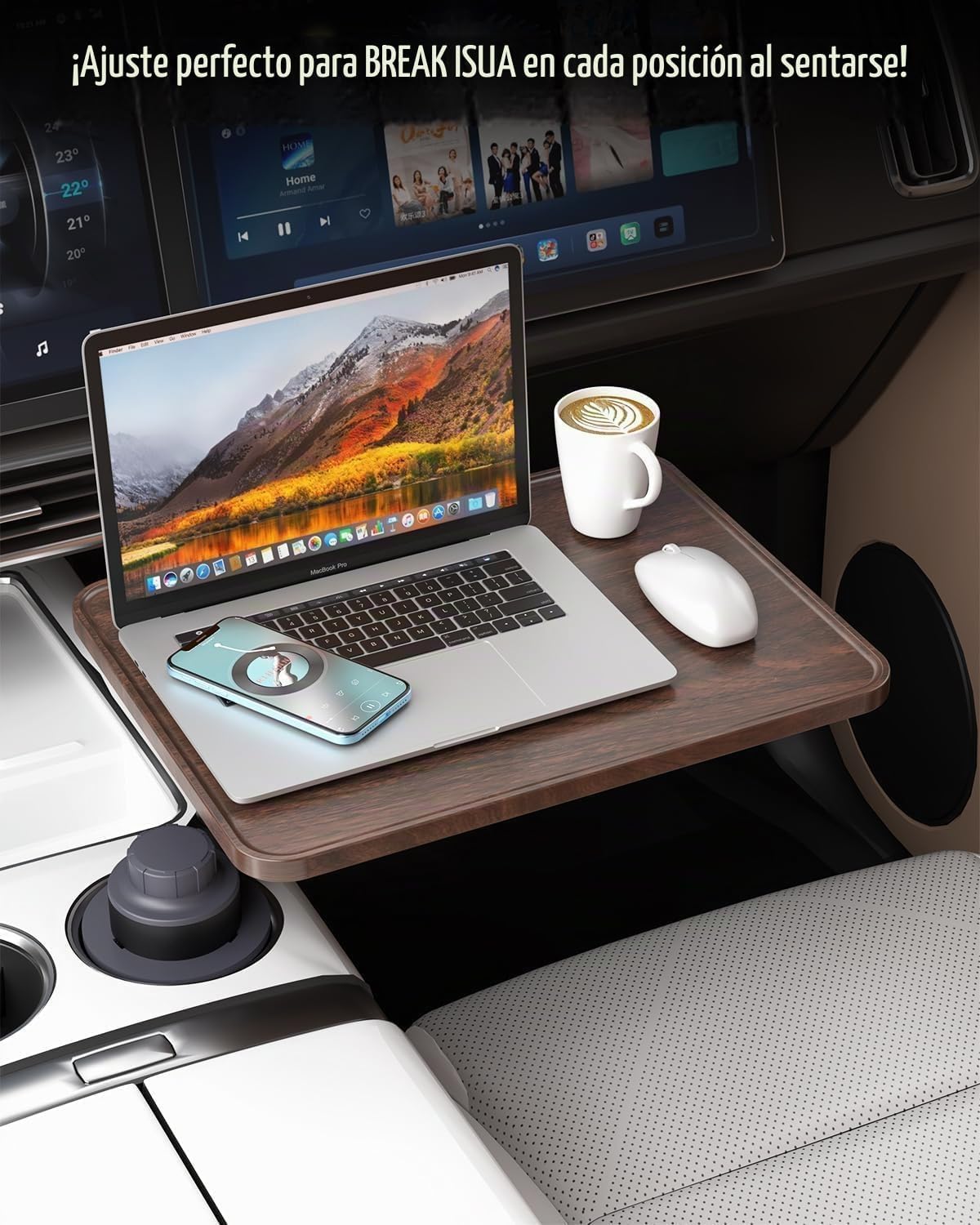 Escritorio de coche para portátil, mesa portavasos, con rotación de