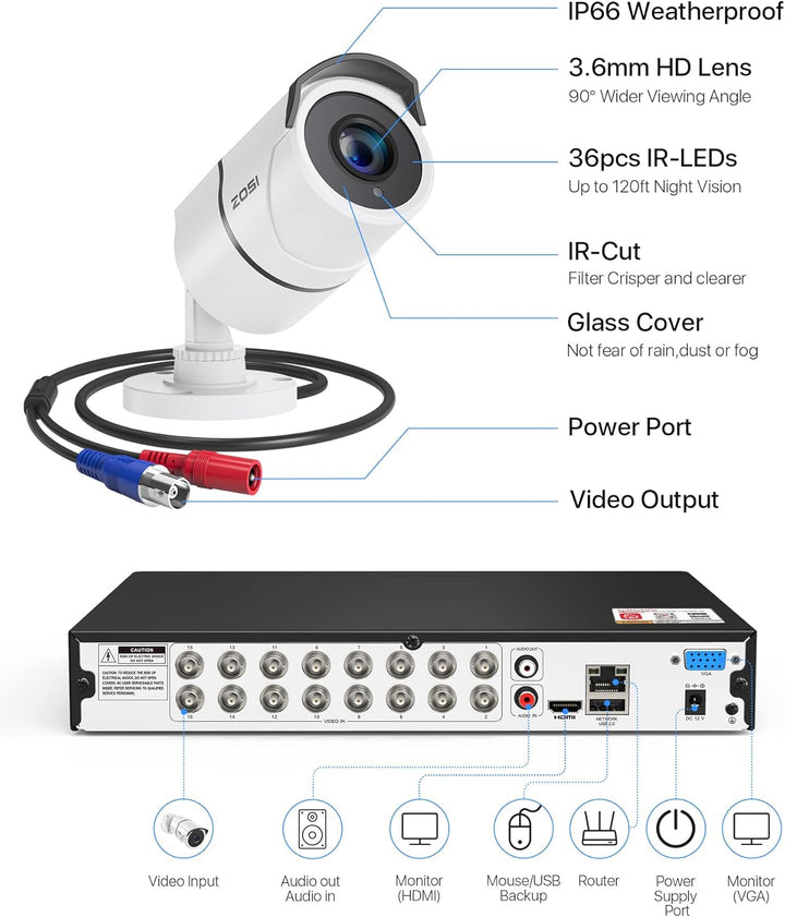 ZOSI Sistema de cámara de seguridad con cable de 16 canales, 16 cám...