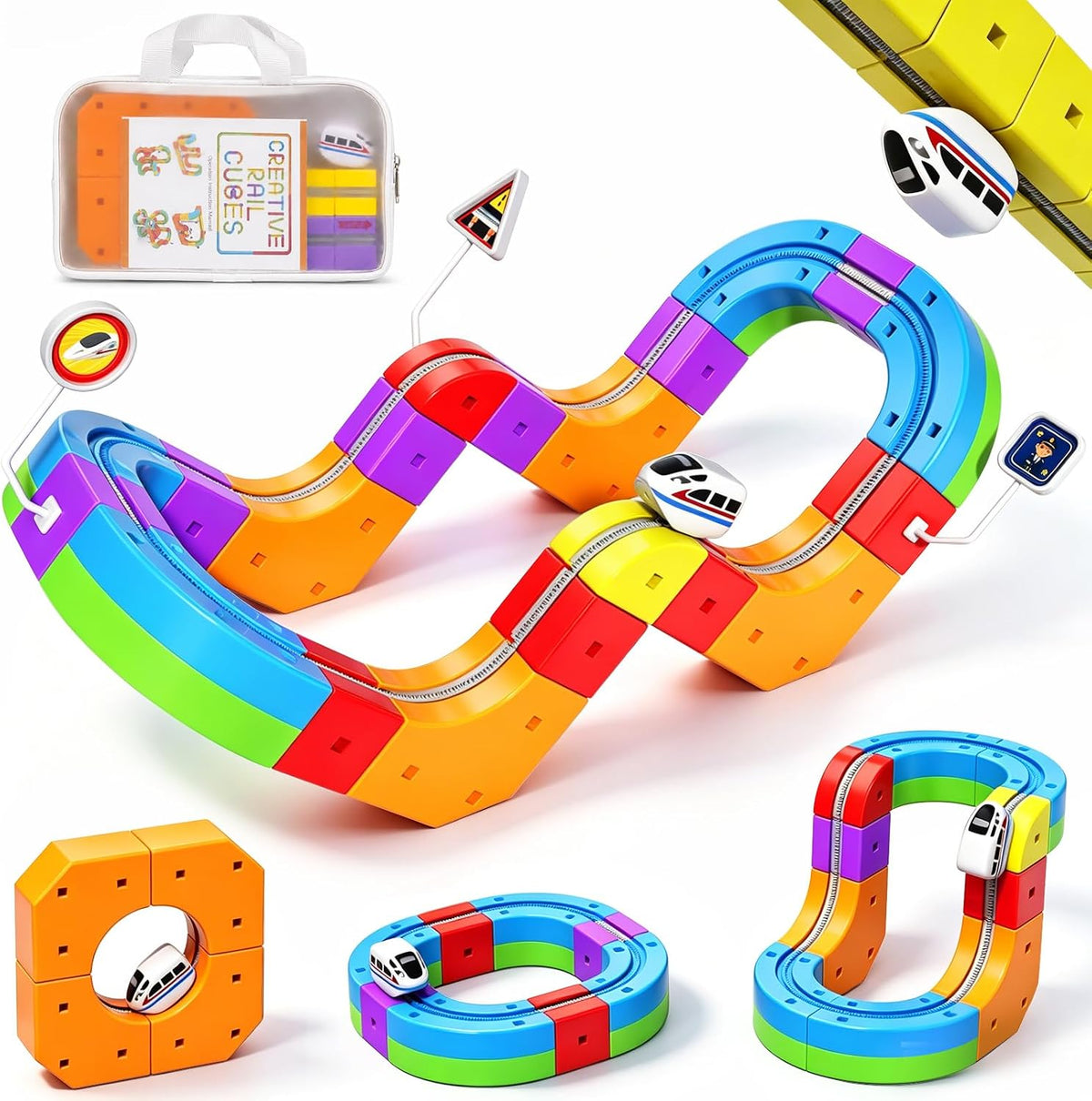 Juego de tren eléctrico 3D para niños, 22 piezas de juguete de pista de carreras 3D, juguete de tren de viaje portátil con bolsa de viaje, juegos de pista de carreras para niños, niños y niñas de 3