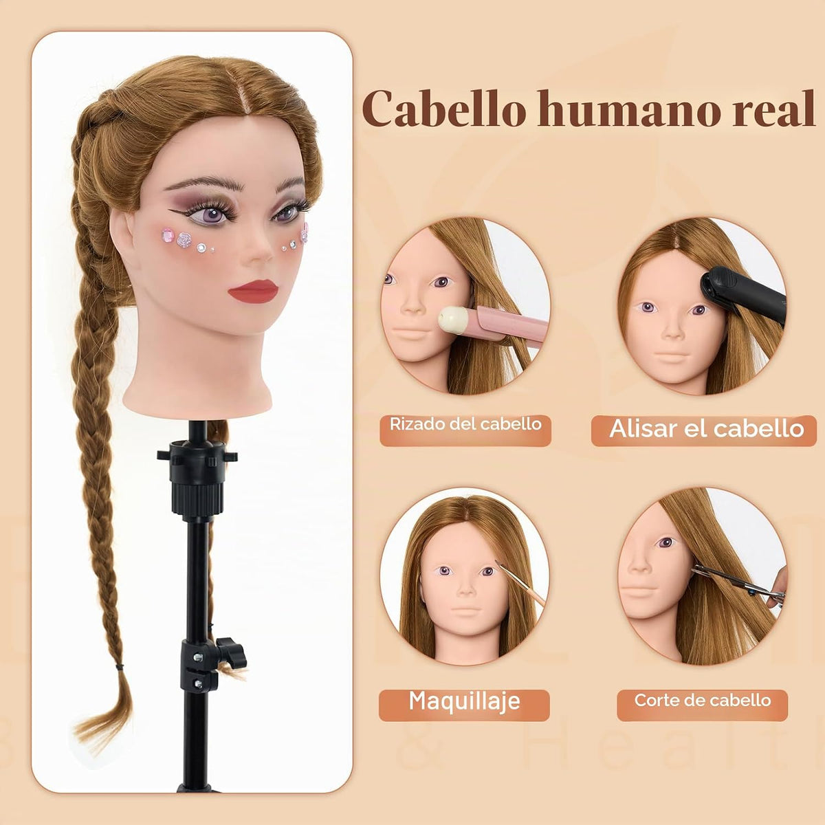 Cabeza de maniquí con 80% cabello humano real, cabezas de maniquí de cabello de 28 pulgadas para maquillaje, cabeza de muñeca de peluquería trenzada para peinar con abrazadera de mesa + juego de