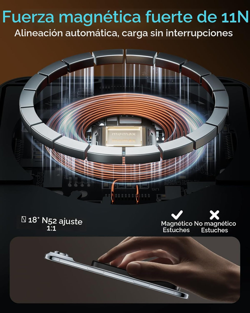 MOMAX Banco inalámbrico magnético del poder, 5000mAh delgado 0,3" cargador