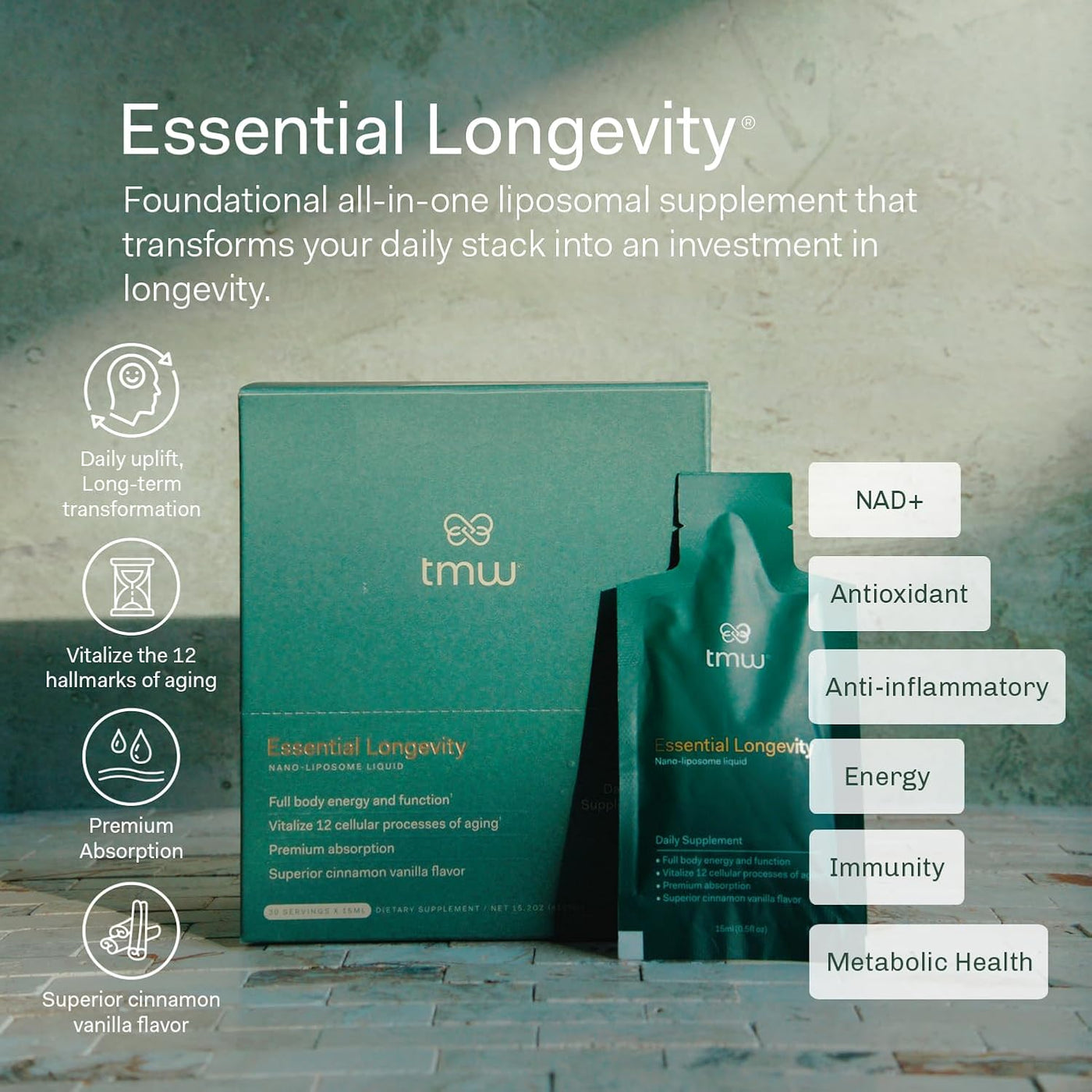 Essential Longevity - Pila 100% liposomal 15 en uno. Precursor NAD+...