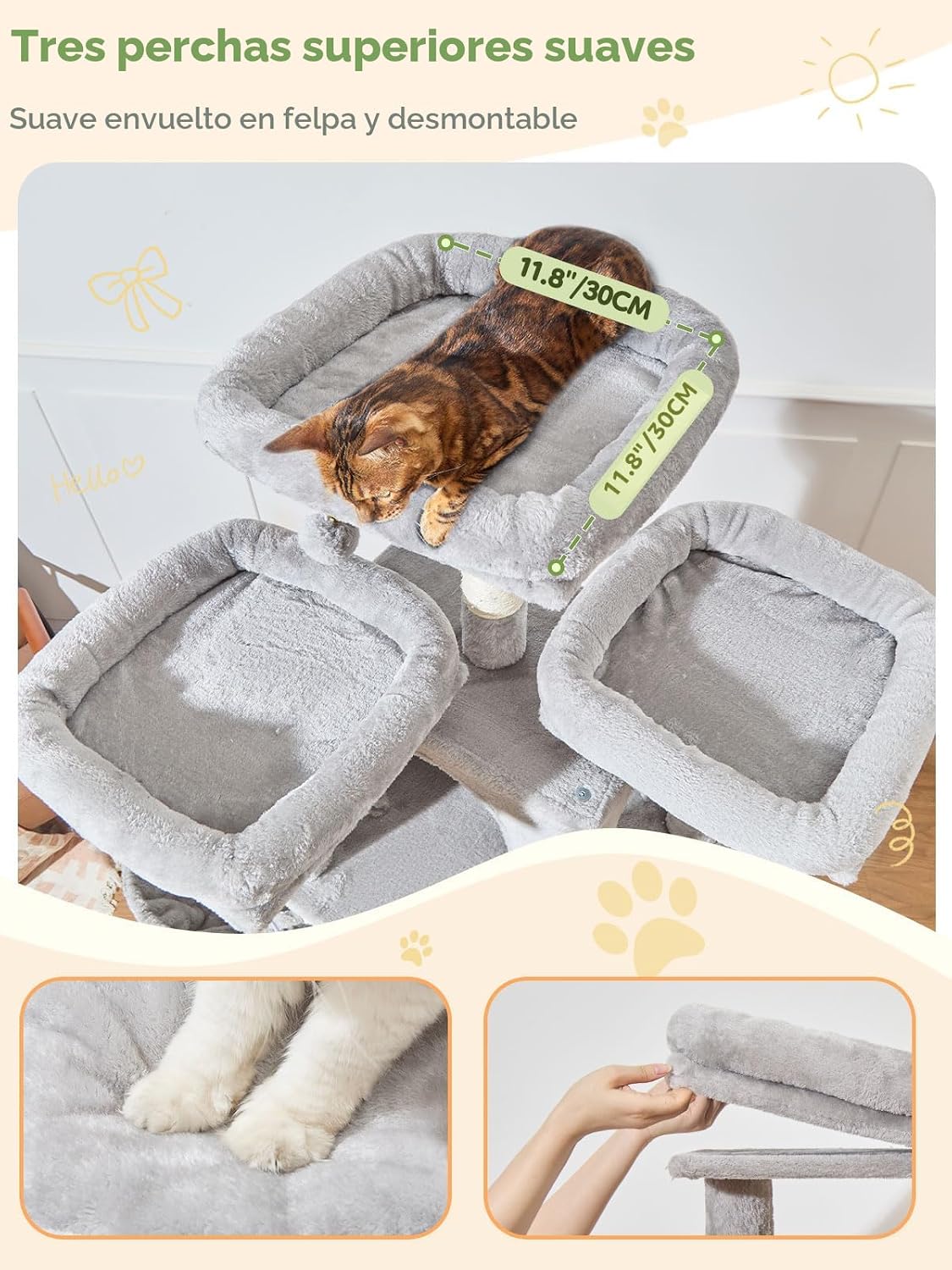 Taoqimiao Árbol para Gatos Alto, 76In Torre para Gatos Grandes, 3 Plataformas Acolchadas