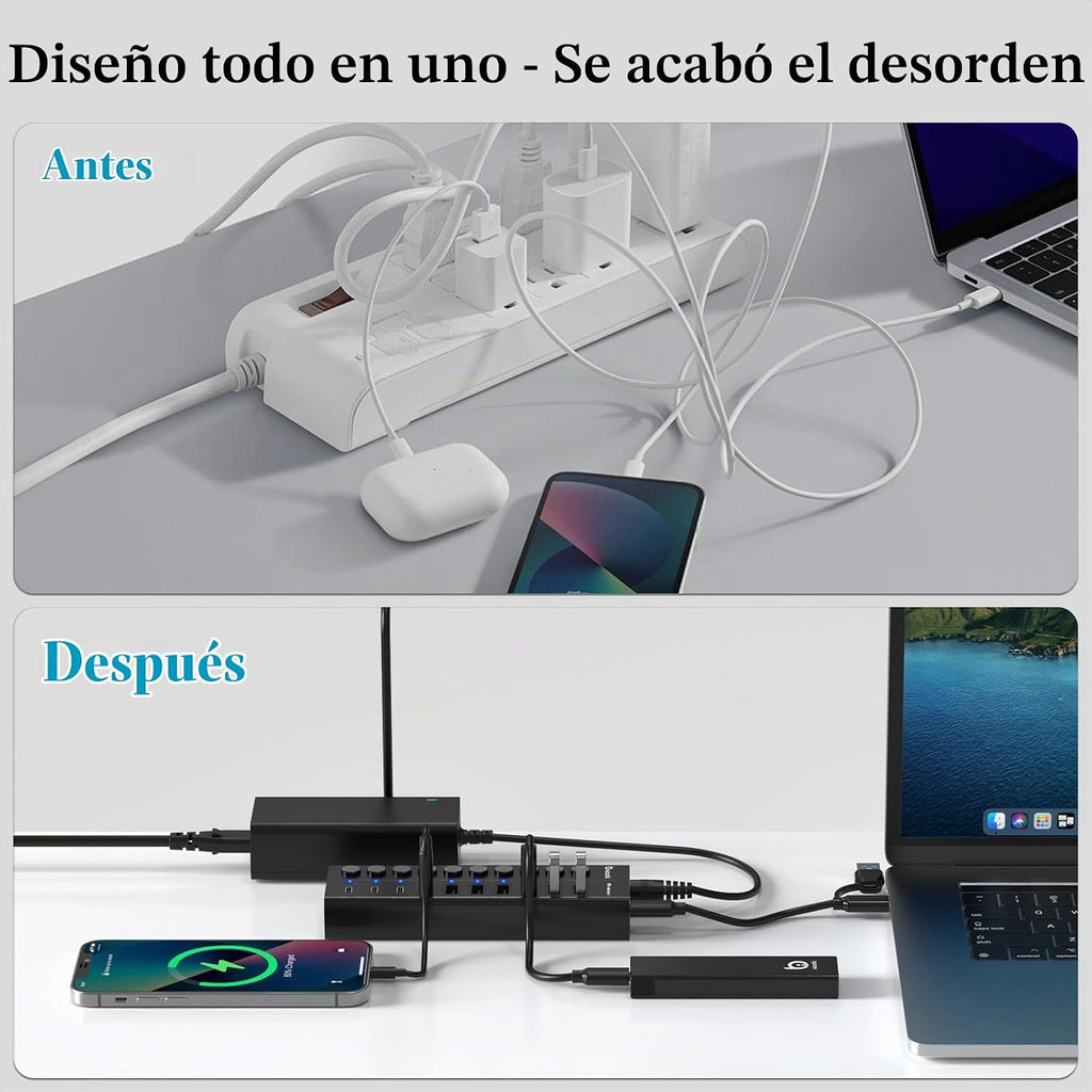 xiaobi, hub USB 3.2 de 10 puertos, alimentado, adaptador 12V/5A