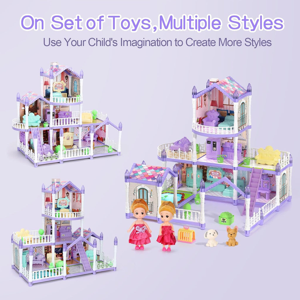 Lámpara Casa de muñecas para niñas, casa de muñecas de ensueño, 9 habitaciones con 2 muñecas, casas de muñecas de princesa, animales, muebles y accesorios, casa de juegos para niñas de más de 3 años