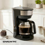 OVENTE Cafetera de goteo para 12 tazas con interruptor Easy On/Off, negra CM412B