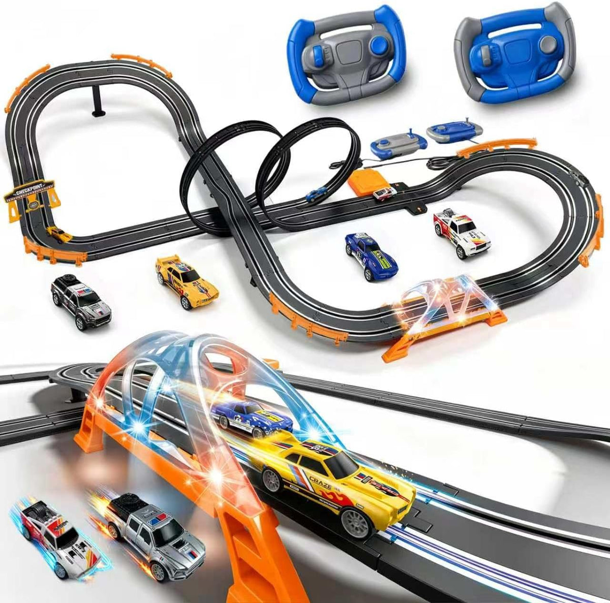 Juegos de carreras de coches de tragamonedas con 4 coches de tragamonedas de alta velocidad, juego eléctrico de doble carreras con 2 controladores, pista circular de paso elevado con péndulo de puente