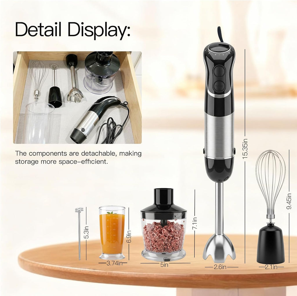MEGAWISE Batidora de mano de inmersión, 800W 5-en-1 Stick Blender (negro)