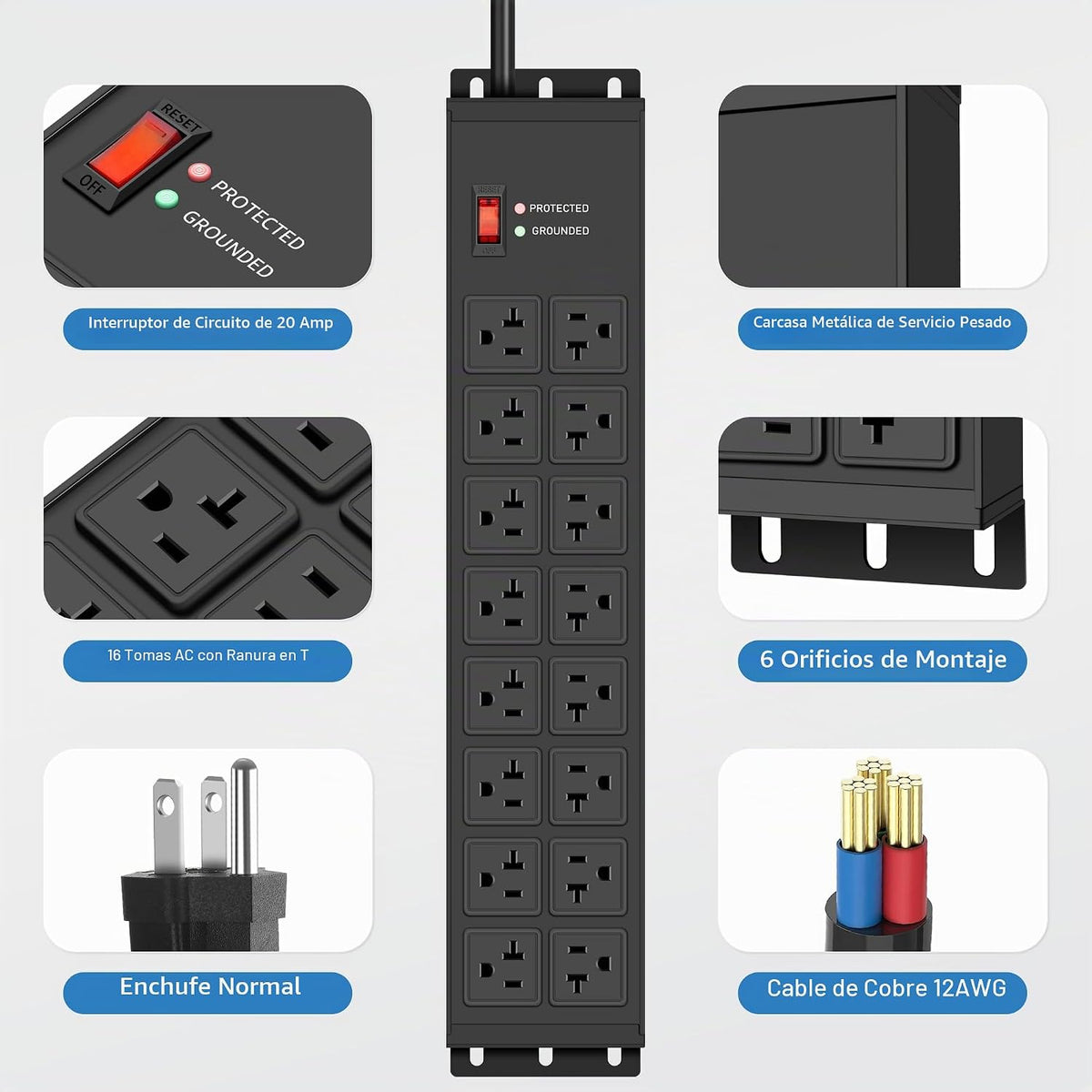 Protector de sobretensiones resistente 4800J, interruptor de 20