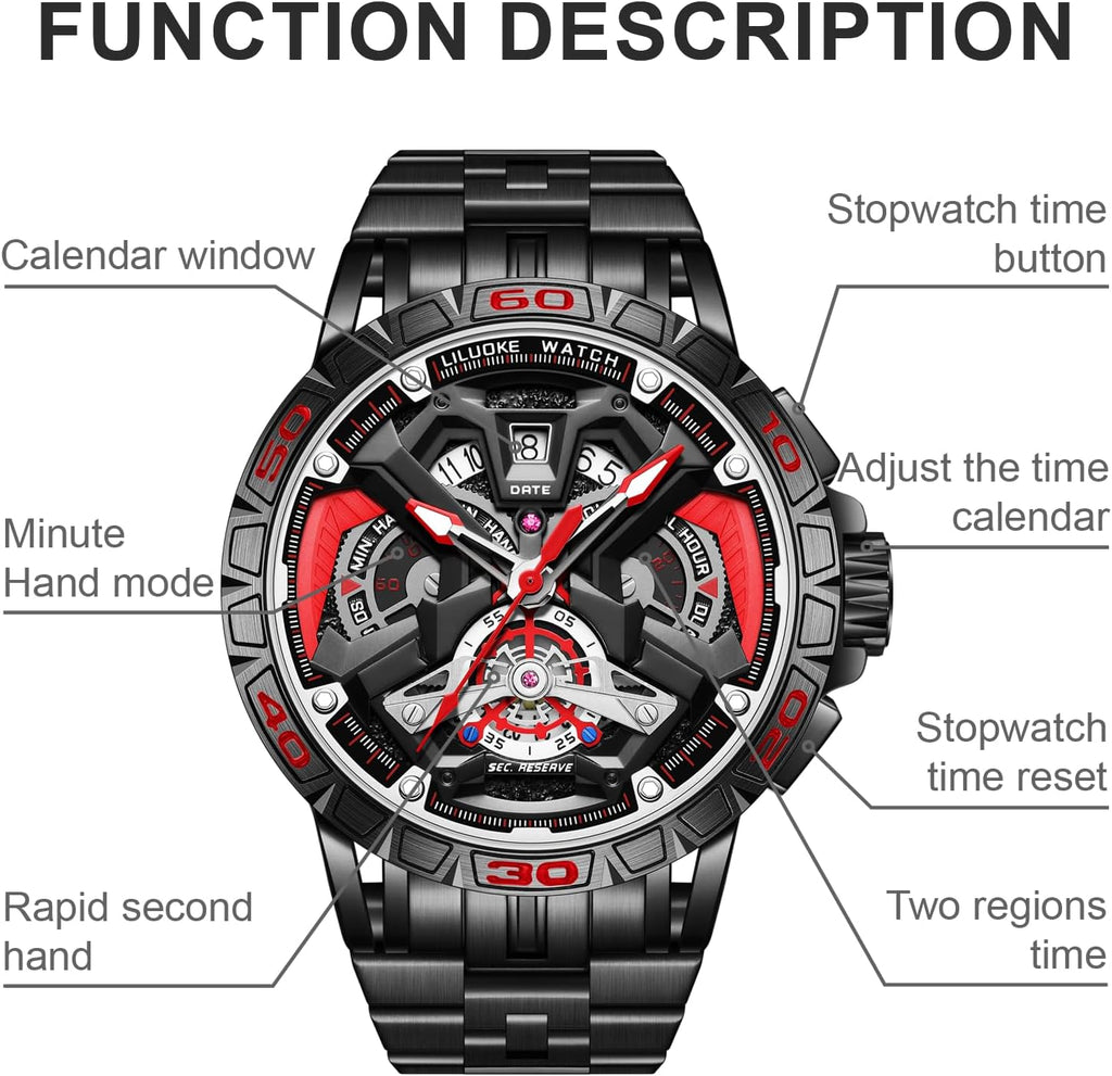 relojes de pulsera informales para hombre, diseño luminoso, cara grande, reloj negro de cuarzo de 30 ATM, regalos únicos para hombres.