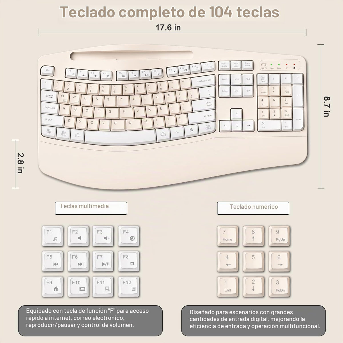 Combo de teclado y mouse inalámbricos, teclas onduladas de tamaño c...