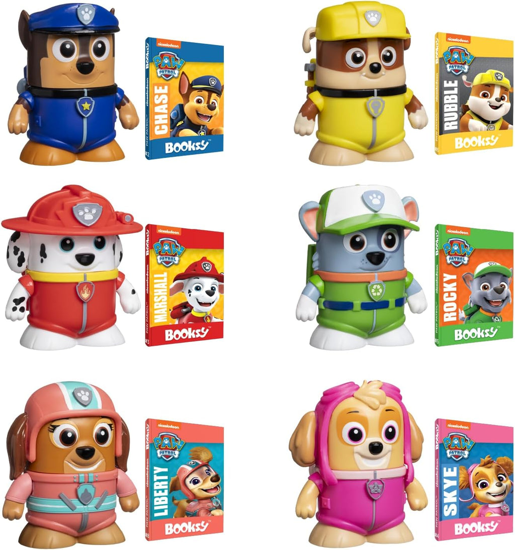 P.M.I. PAW Patrol - Paquete de 6 figuras de acción coleccionables con libros de cuentos ocultos, juguetes para niños y niñas de 3 a 8 años, licencia oficial, incluye Chase, Marshall, Skye, Rubble, Rocky y Liberty