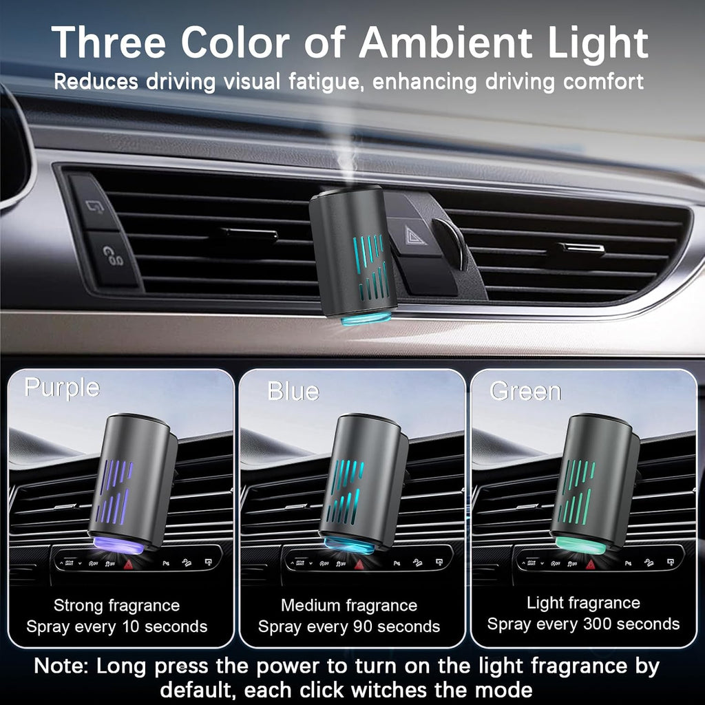 Difusor de ambientador de automóvil, ambientador inteligente para automóvil con tres modos de luz ajustables, aromatizante recargable para carro con 8 piezas de aceite esencial, de larga duración