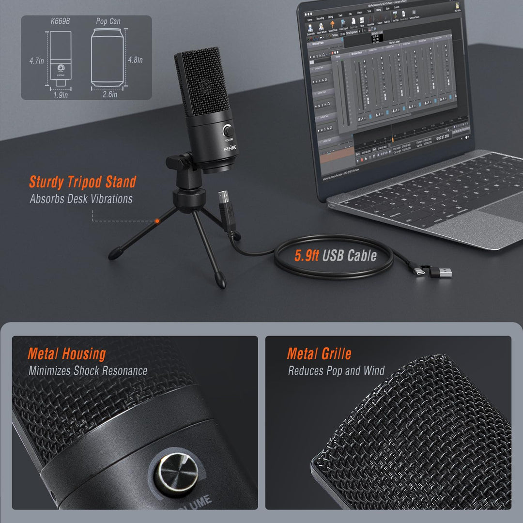 FIFINE Micrófono USB, Micrófono de condensador de metal para grabar...