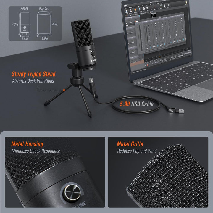FIFINE Micrófono USB, Micrófono de condensador de metal para grabar...