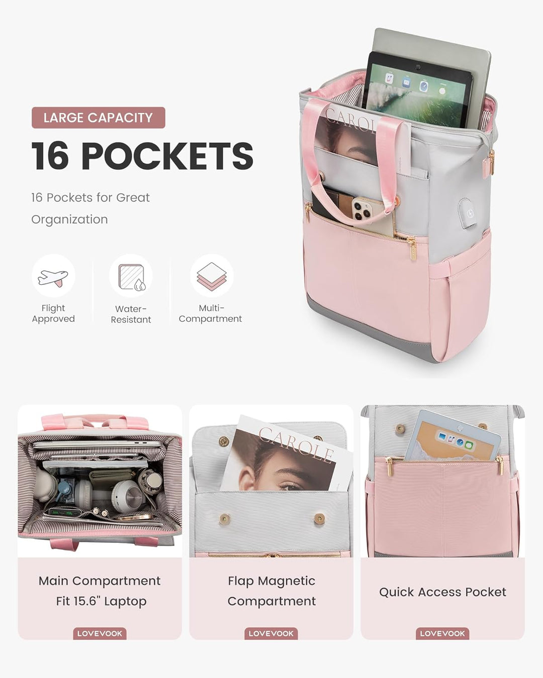 LOVEVOOK Mochila para laptop para mujer, mochila de trabajo convert...