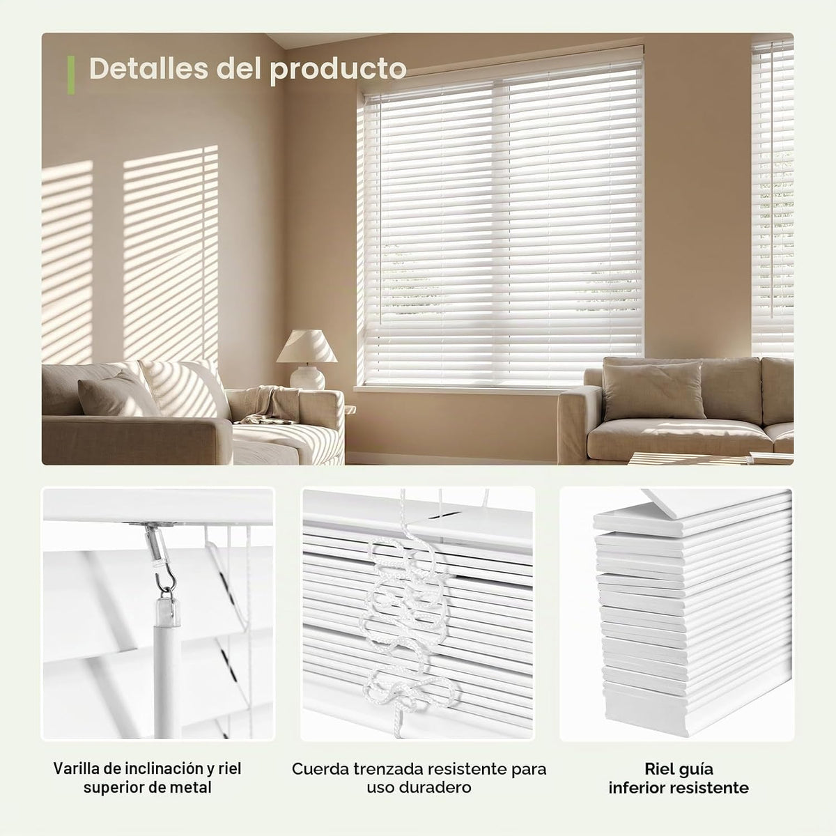 Persianas de Madera Real Sin Cables de 2" 23"W x 48"H Blanco en Pino para Ventanas de Interior