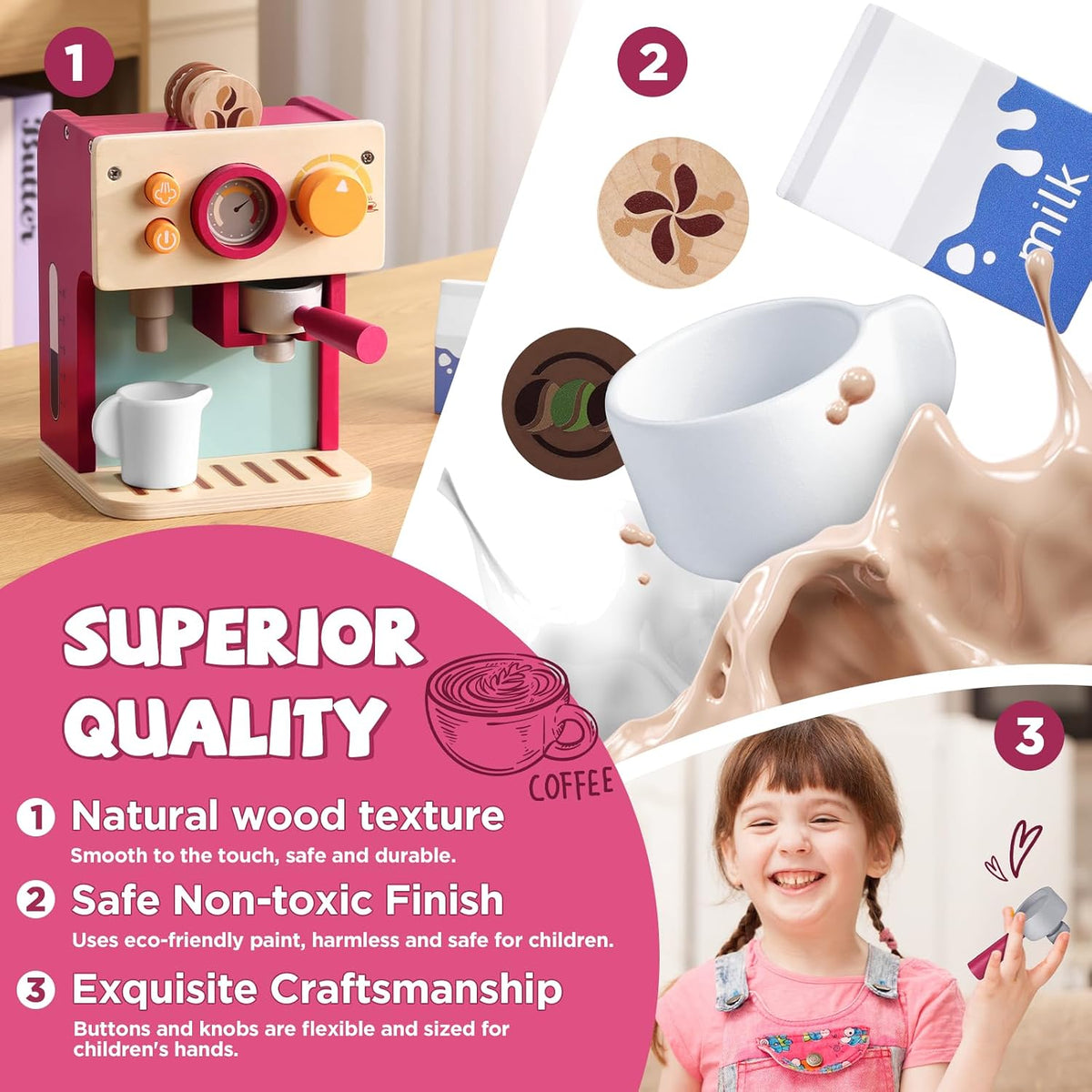 GAGAKU Máquina de café de madera para niños pequeños, juguetes de aprendizaje Montessori para niñas y niños de 3, 4, 5 años, accesorios de cocina realistas con máquina de café expreso y juego de arte con leche