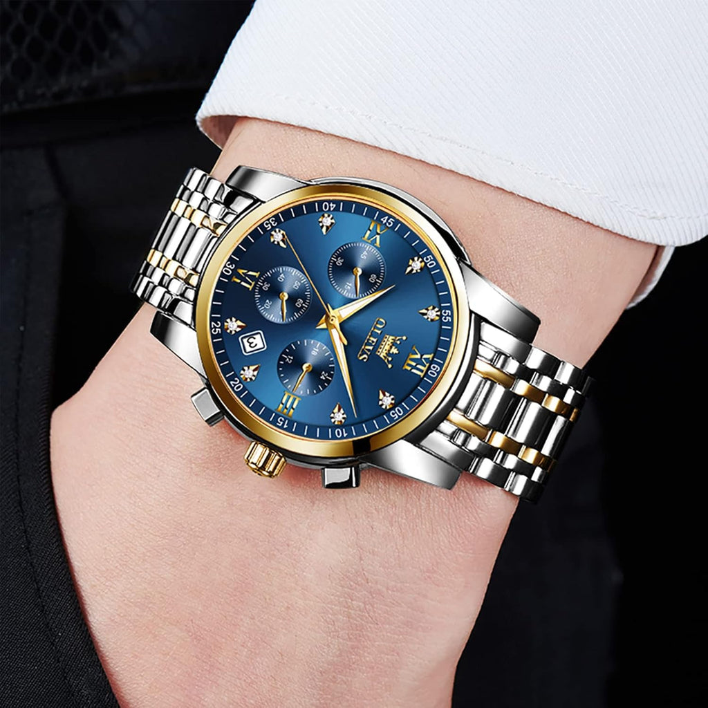OLEVS Relojes de Oro para Hombres Reloj de Pulsera de Lujo a Prueba de Agua Gran Cara Elegante Acero Inoxidable Analógico Cuarzo Fecha Cronógrafo Luminoso Lectura Fácil Relojes de Negocios Regalos para Hombres Graduación