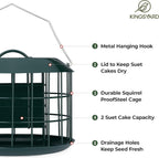 Kingsyard Comedero de sebo a prueba de ardillas, comedero para pájaros en jaula para colgar al aire libre, todo de metal, capacidad de doble sebo para pastel, bandeja y resistente a la intemperie, verde