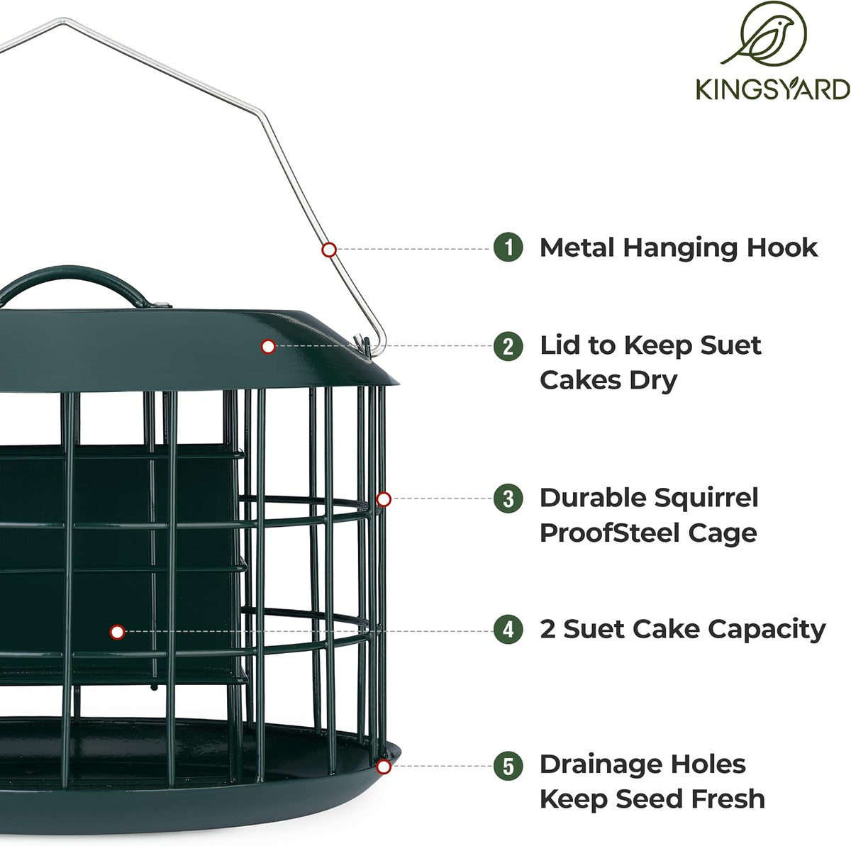 Kingsyard Comedero de sebo a prueba de ardillas, comedero para pájaros en jaula para colgar al aire libre, todo de metal, capacidad de doble sebo para pastel, bandeja y resistente a la intemperie, verde