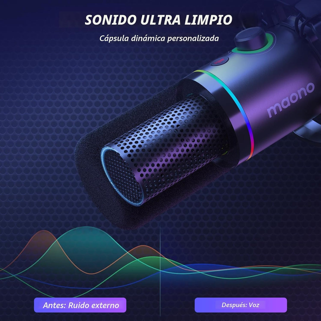 MAONO Kit de micrófono dinámico XLR\/USB, micrófono podcast RGB con...