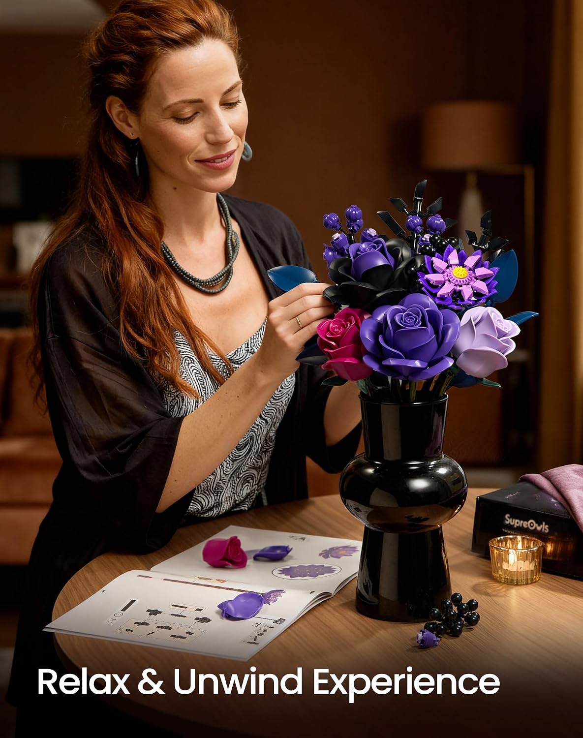 iATOM Juego de construcción de ramo de flores, kits de colección botánica de rosas moradas para mujeres adultas, regalo para el día de la madre para ella/mamá/novia/esposa/pareja, decoración gótica moderna de mesa para el hogar y la oficina