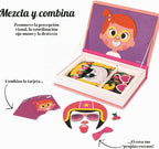 Janod MagnetiBook - Juego de 66 piezas magnéticas para niñas de 3 años en adelante, juego creativo, mejora la creatividad y el aprendizaje, incluye 55 piezas magnéticas y 10 tarjetas