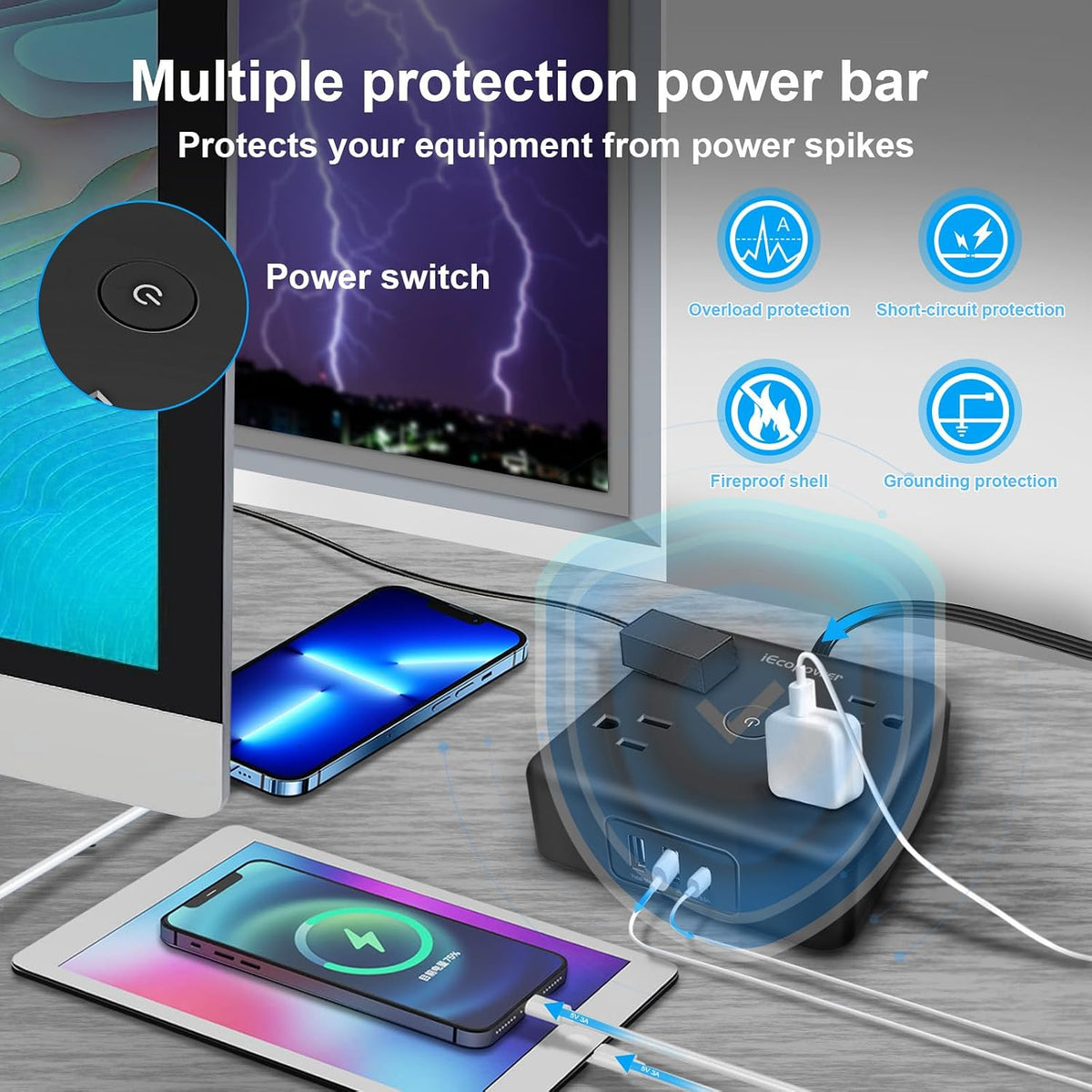 Paquete de 2 regletas de alimentación de enchufe ultra plano, regletas de alimentación con 4 tomas amplias, cable de extensión de enchufe plano de 6 pies con 3 puertos USB (1 puerto USB C), estación de carga de escritorio delgada, color negro
