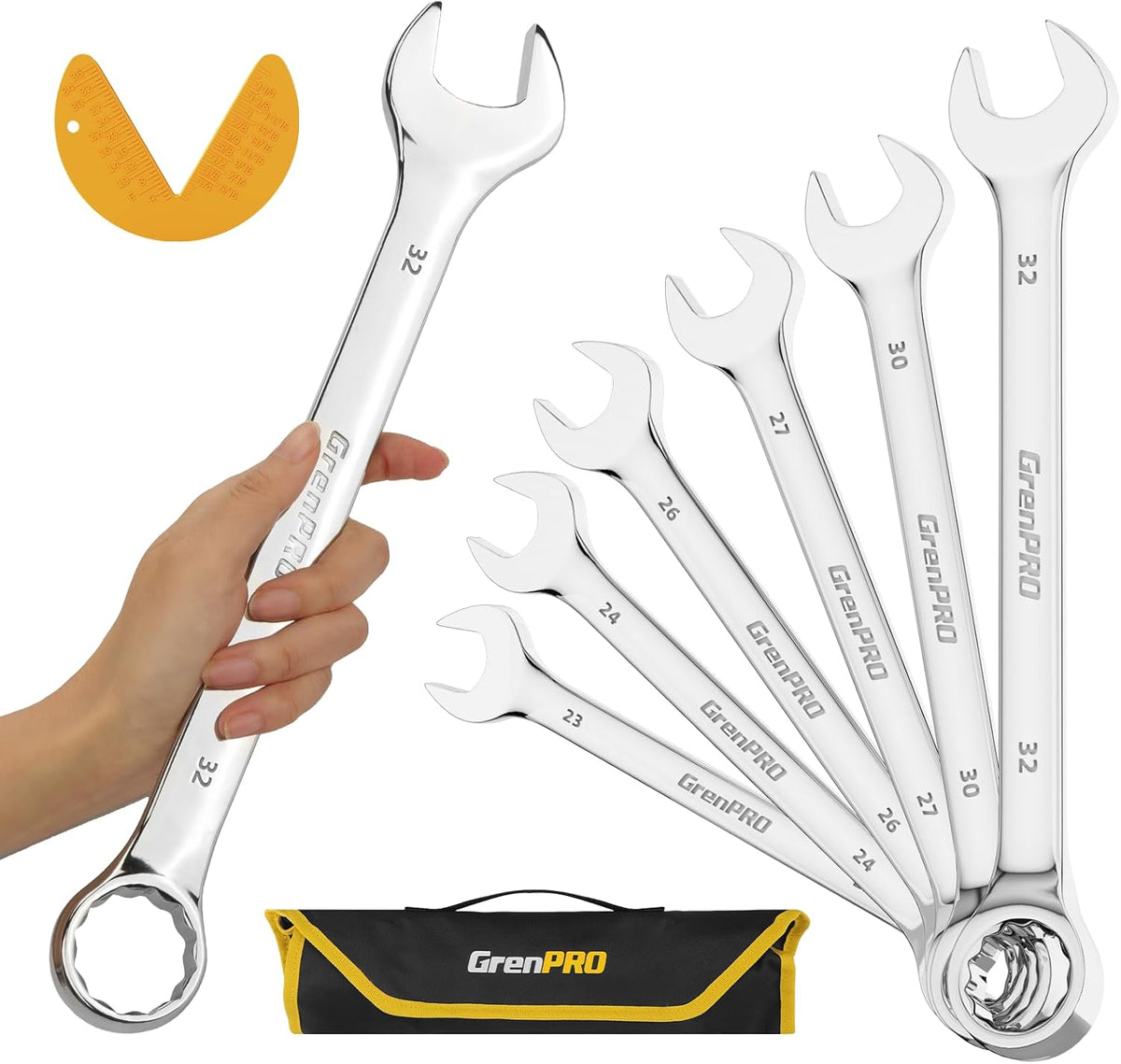 Juego de Llaves Métricas, Juego de Llaves Grandes Métricas y Estándar, 7PC 23mm, 24mm, 26mm, 27mm, 30mm, 32mm Llave de Extremo Abierto Grande Herramienta de Juego de Llaves con Bolsa