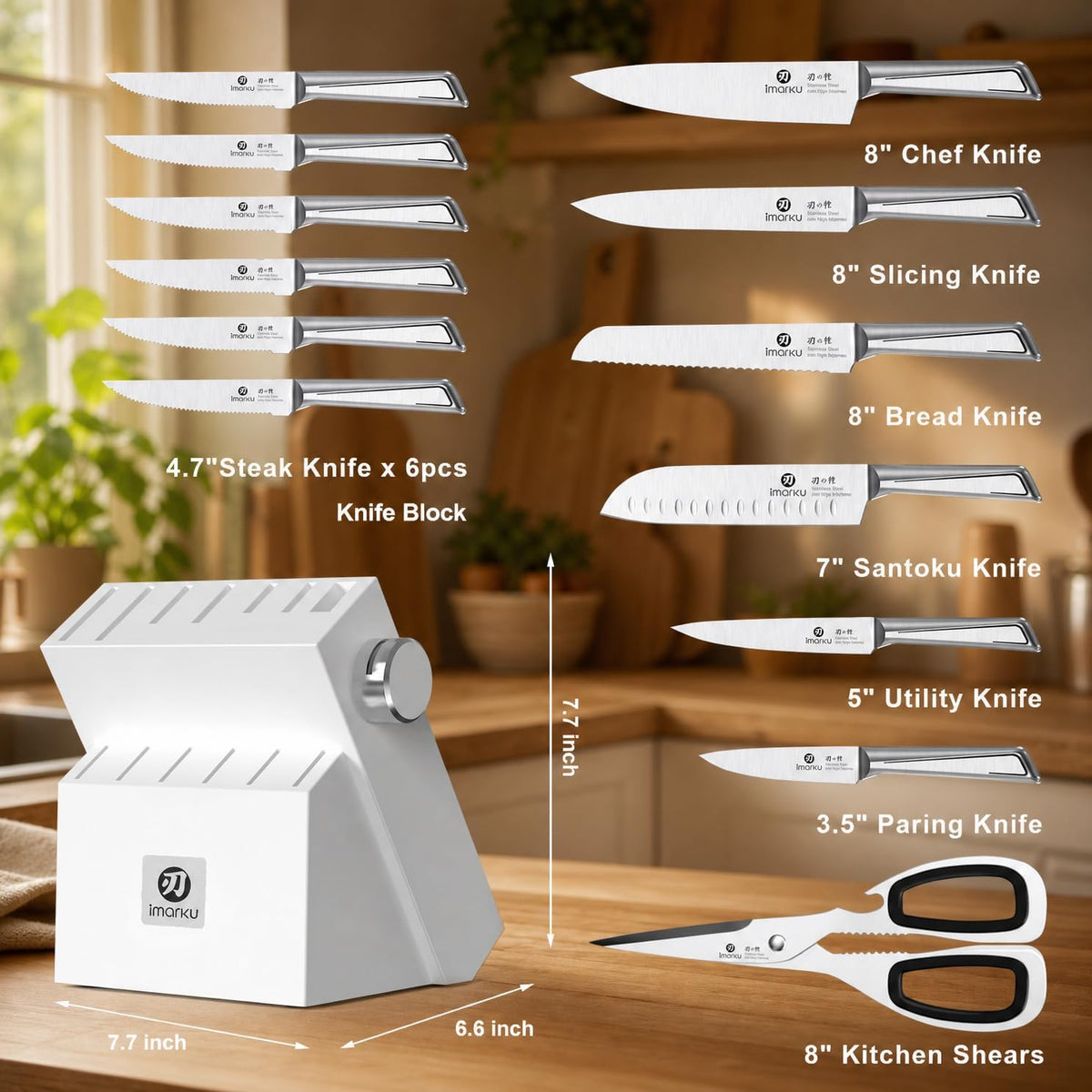 imarku - Juego de 14 cuchillos, elegante juego de cubiertos de cocina minimalistas blancos