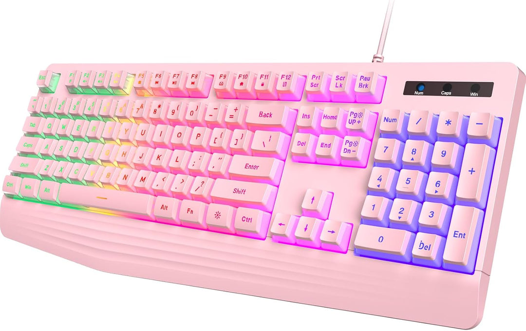 yesbeaut Teclado cremoso rosa, retroiluminación LED arcoíris, tecla...