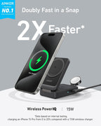 Anker MagGo - Estación de carga plegable Qi2 de 15 W compatible con MagSafe 3 en 1