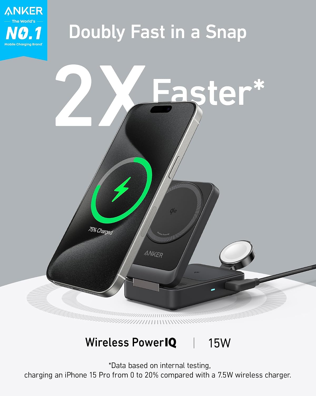 Anker MagGo - Estación de carga plegable Qi2 de 15 W compatible con MagSafe 3 en 1