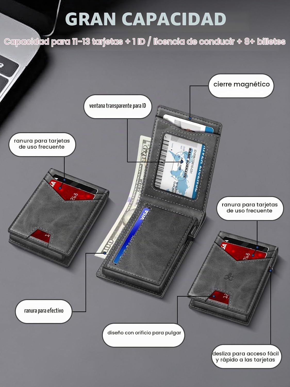 Billetera para hombre con bloqueo RFID minimalista para 12-14 tarjetas | Cartera inteligente delgada y plegable con ventana para identificación y ranura para efectivo, bolsillo frontal, estuche