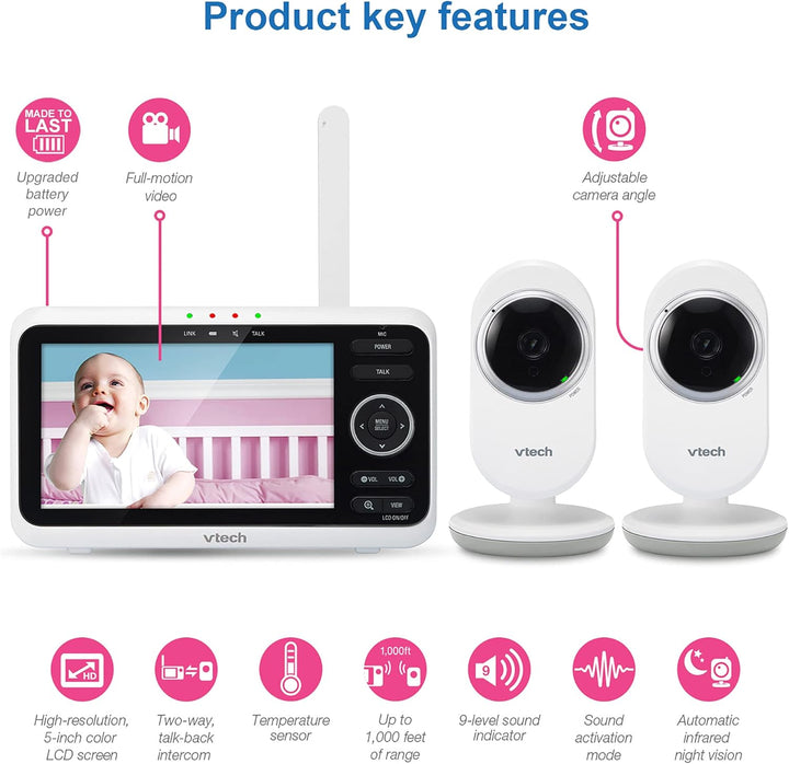 VTech [Actualizado] Monitor de bebé VM350-2, pantalla de 5 pulgadas...