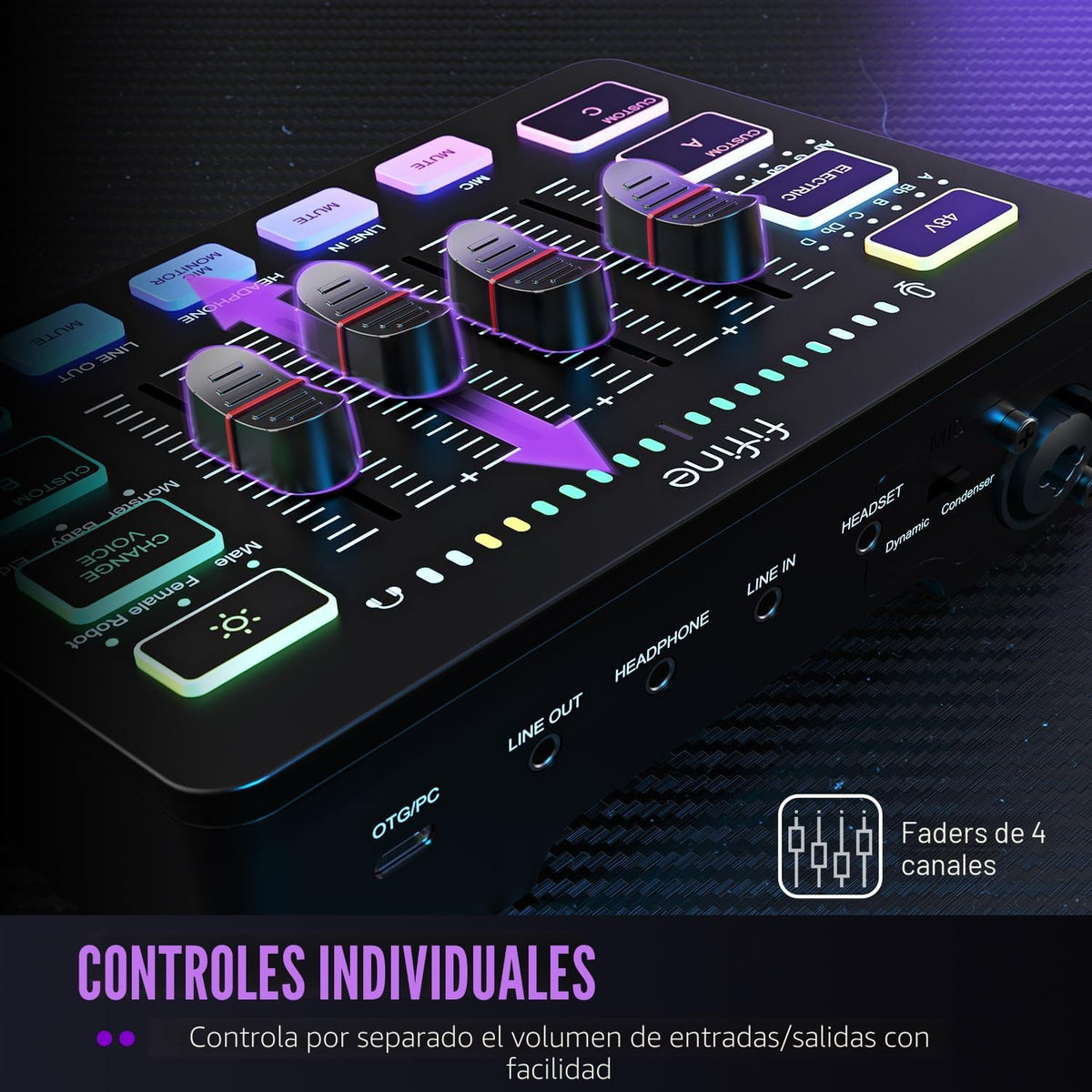 FIFINE Mezclador de audio para juegos, mezclador de PC RGB para streaming con interfaz de micrófono XLR, control individual, atenuador de volumen, botón de silencio, alimentación fantasma de 48 V