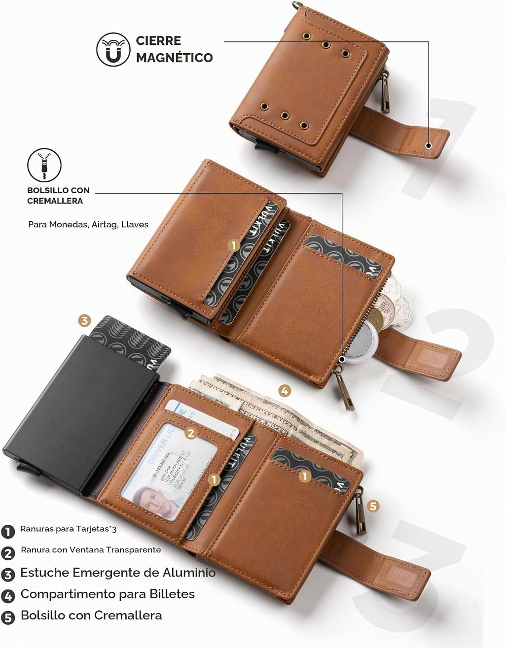 VULKIT - Cartera para hombre con protección RFID con cadena, color marrón