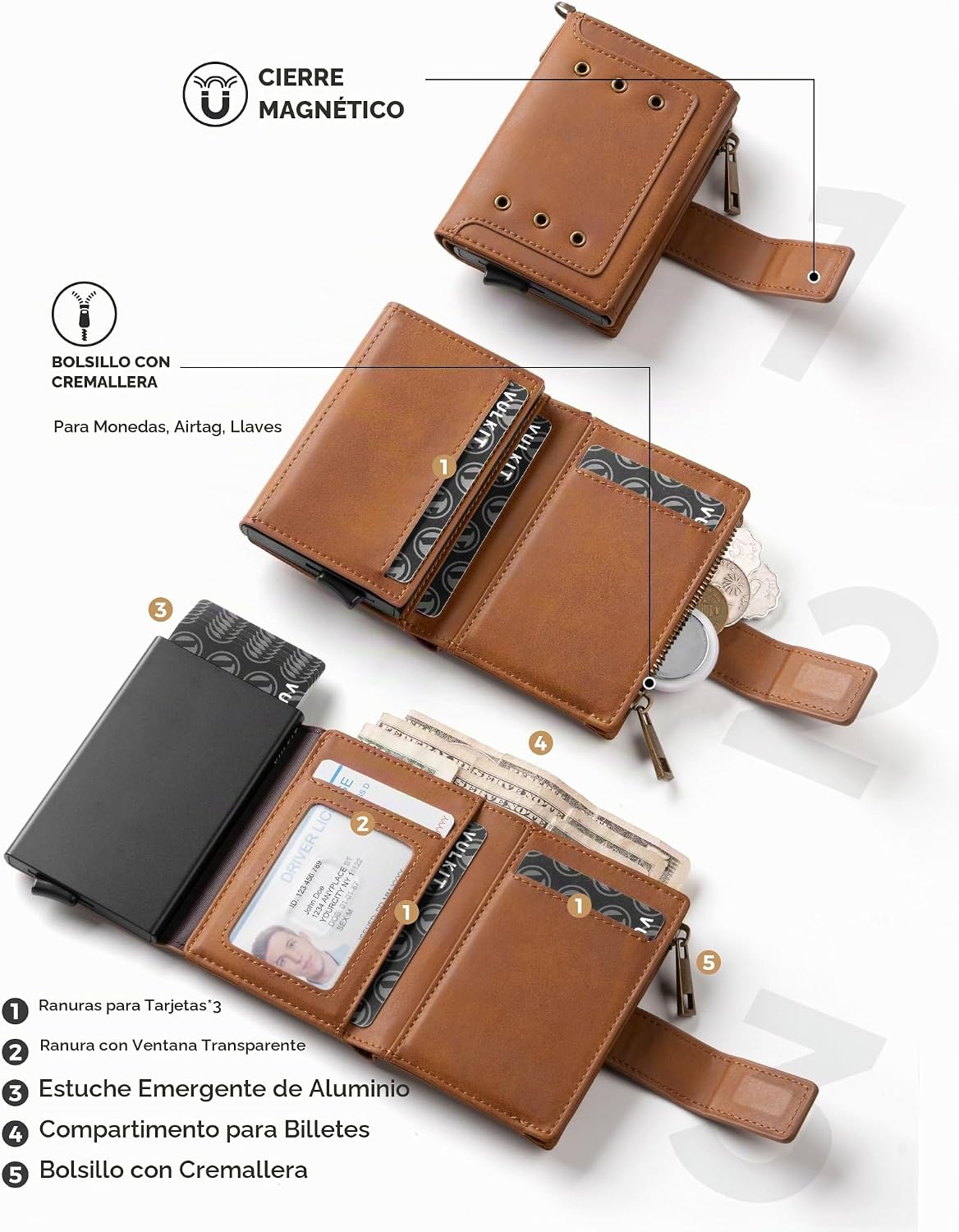 VULKIT - Cartera para hombre con protección RFID con cadena, color marrón