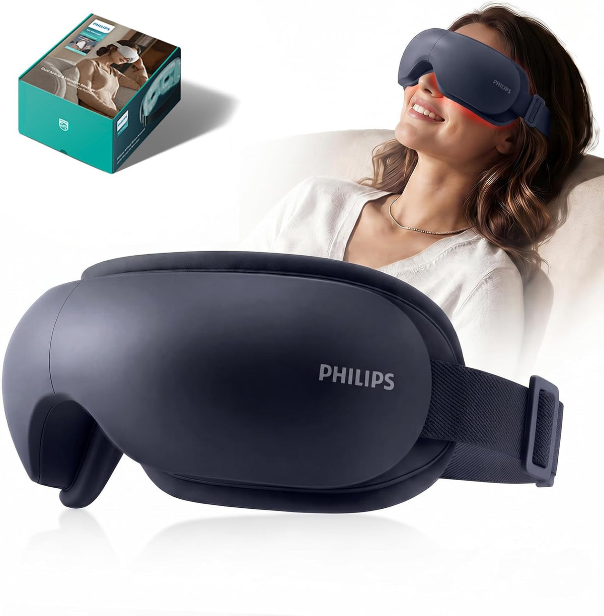 Philips Masajeador de ojos, máscara de ojos térmica para migrañas con música, masajeador inteligente de migraña que reduce los ojos secos y mejora el sueño