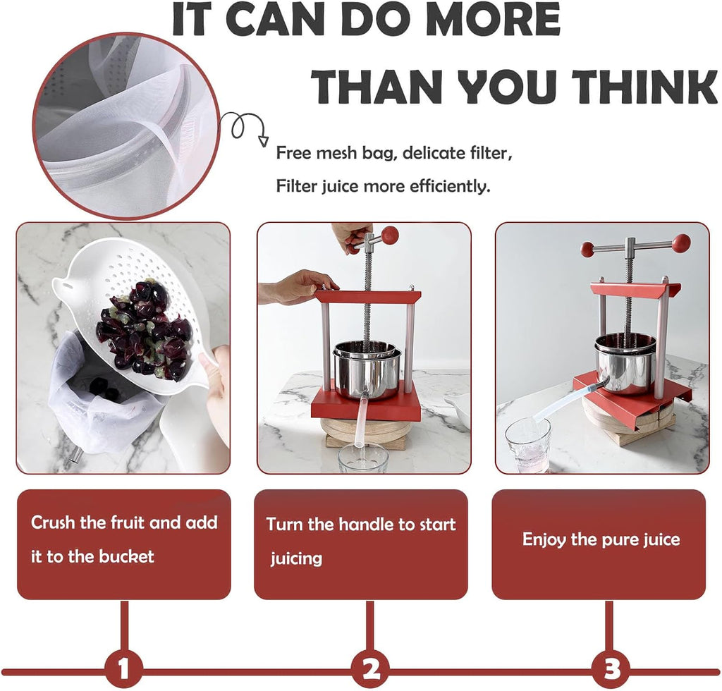 SQUEEZE master Prensa Manual de Tintura de Queso, Hierbas, Frutas, Vino -0.53 Galones/2 Litros-Mango de Bola de Potencia-Acero Inoxidable y Hierro para Jugo, Sidra, Vino, Aceite de Oliva