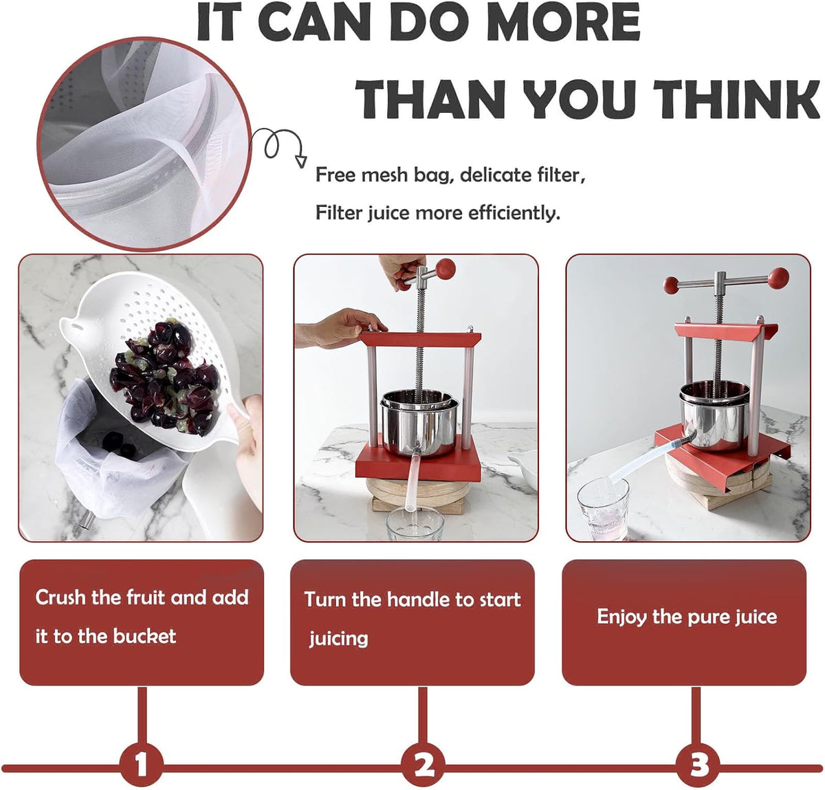 SQUEEZE master Prensa Manual de Tintura de Queso, Hierbas, Frutas, Vino -0.53 Galones/2 Litros-Mango de Bola de Potencia-Acero Inoxidable y Hierro para Jugo, Sidra, Vino, Aceite de Oliva