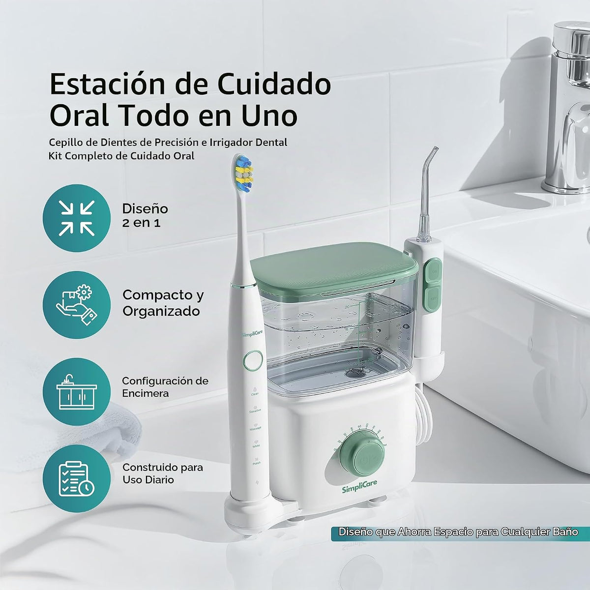Combo de cepillo de dientes eléctrico con hilo dental de agua | Sistema de cuidado bucal de encimera 2 en 1 | 10 niveles de presión, 25-160 PSI | Tanque de 20 onzas, 6 puntas de chorro y 2