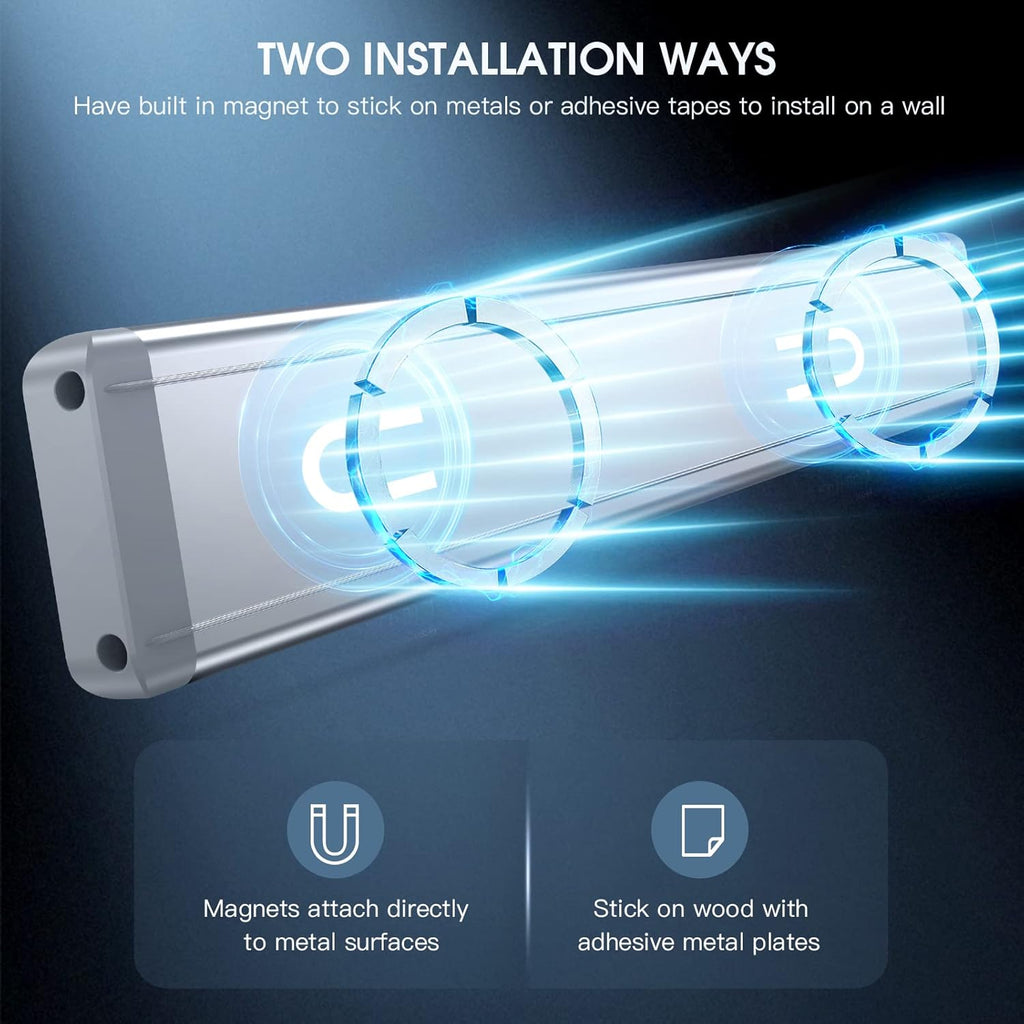 MCGOR Iluminación bajo gabinete de 10 pulgadas, paquete de 2 luces recargables con sensor de movimiento para interiores, 5 niveles regulables, luces magnéticas para armario, luces inalámbricas bajo