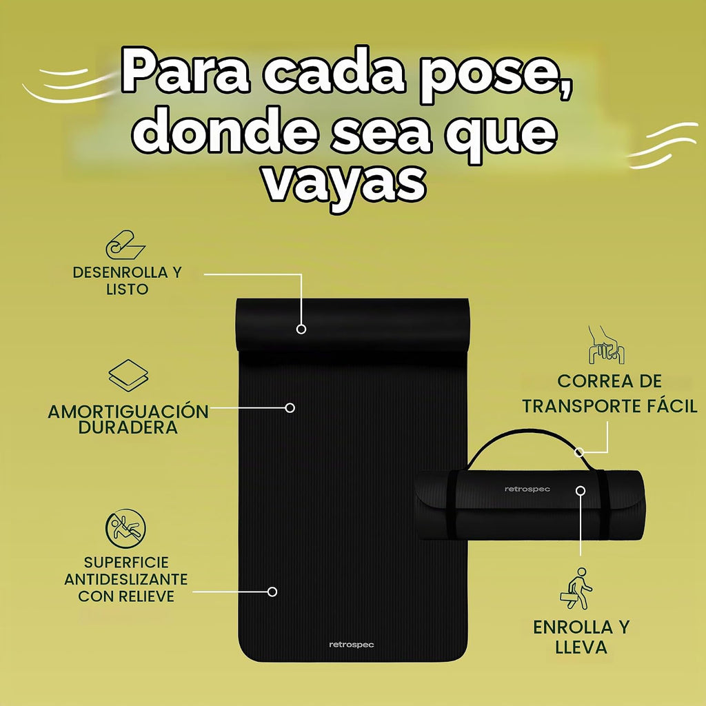 Retrospec Solana - Tapete de yoga de 1 pulgada de grosor con correa de nailon, unisex, antideslizante, para yoga, pilates, estiramiento, ejercicios en el suelo y entrenamiento físico