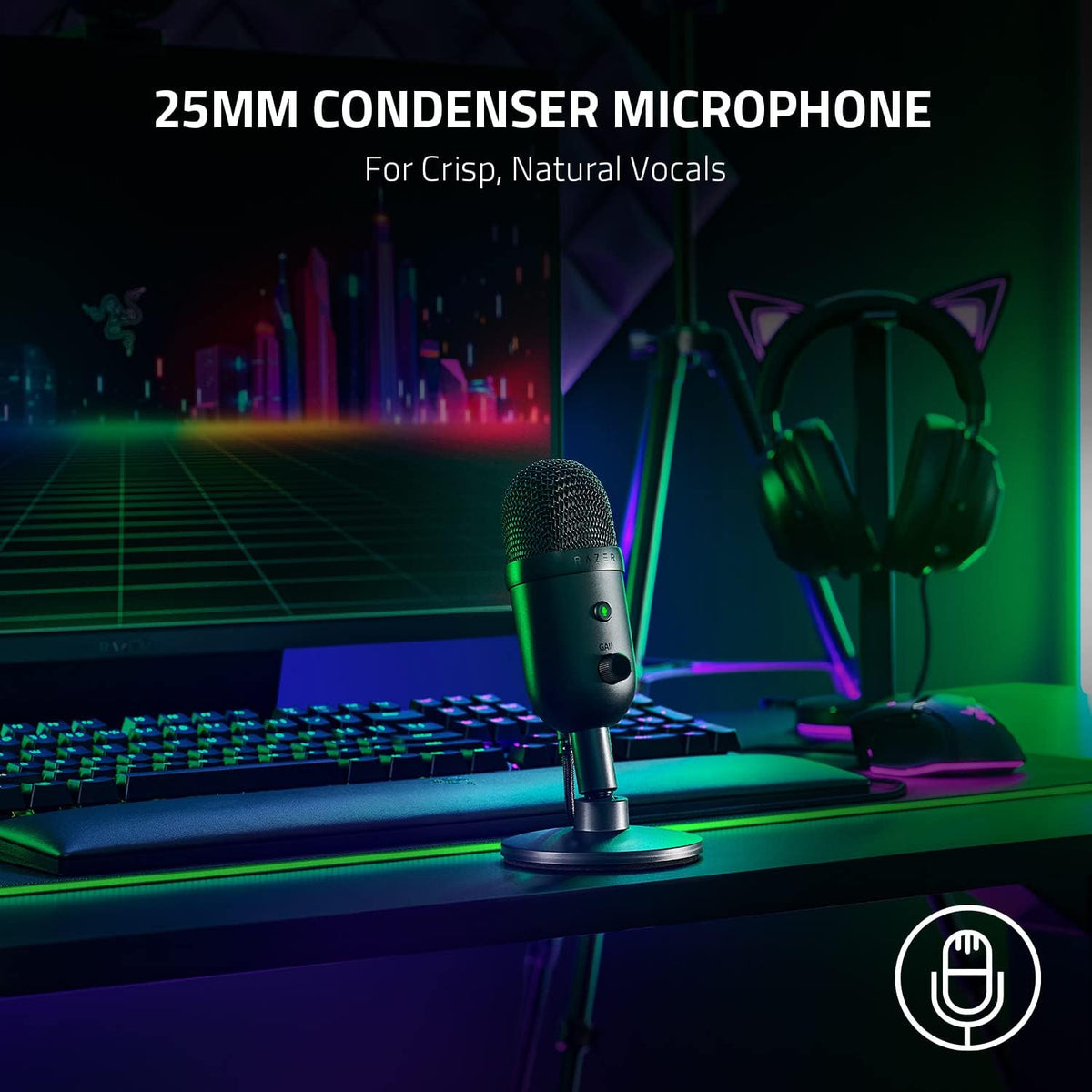 Razer Seiren V2 X - Micrófono USB de condensador para transmisión y juegos en PC: patrón de captación supercardioide - Limitador digital integrado - Monitorización del micrófono y control de ganancia
