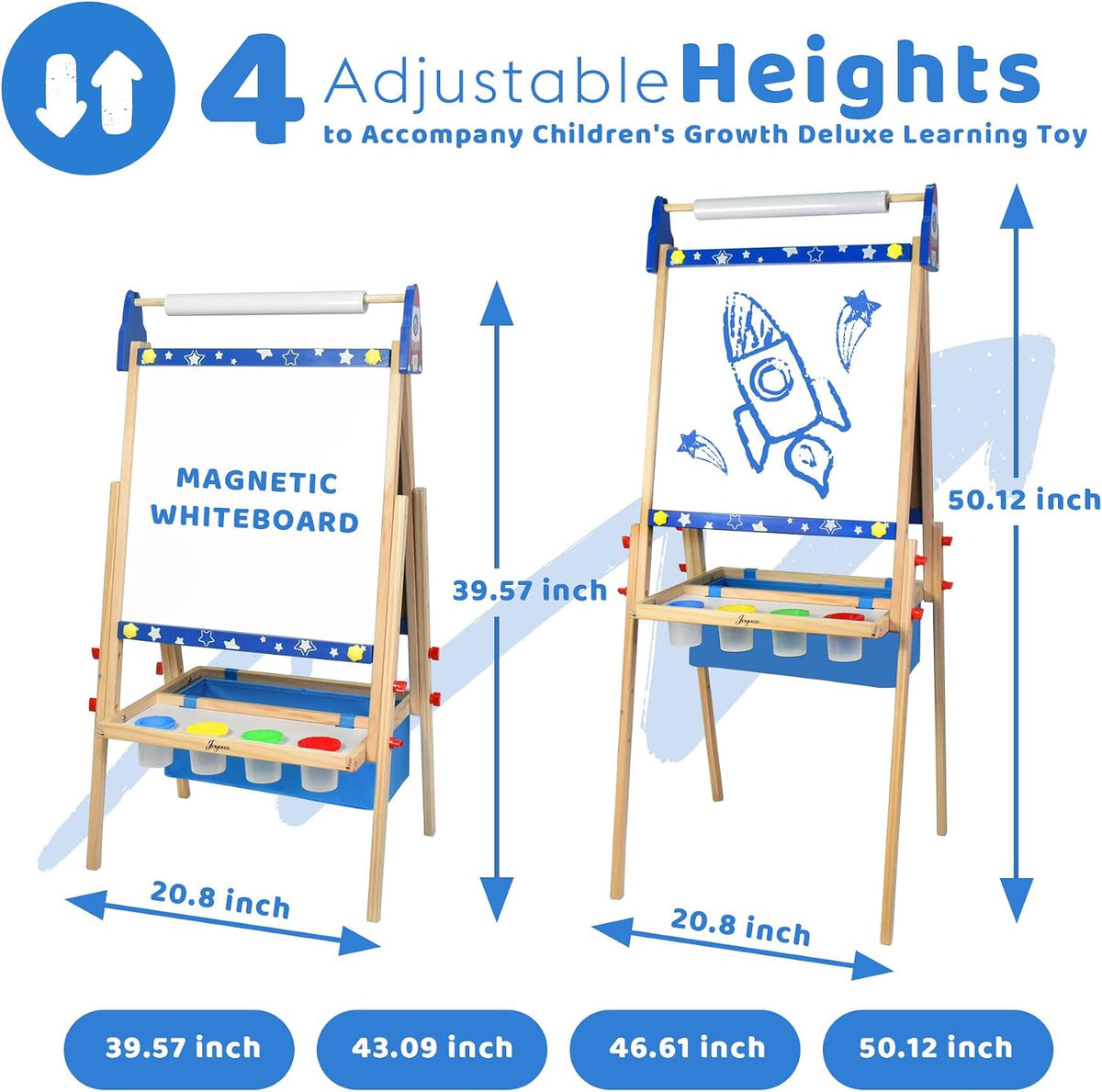 Joyooss - Caballete de arte para niños, caballete de pie ajustable para niños con tablero magnético y pizarra, pizarra magnética para niños, caballete de arte con 2 rollos de papel, pinturas para