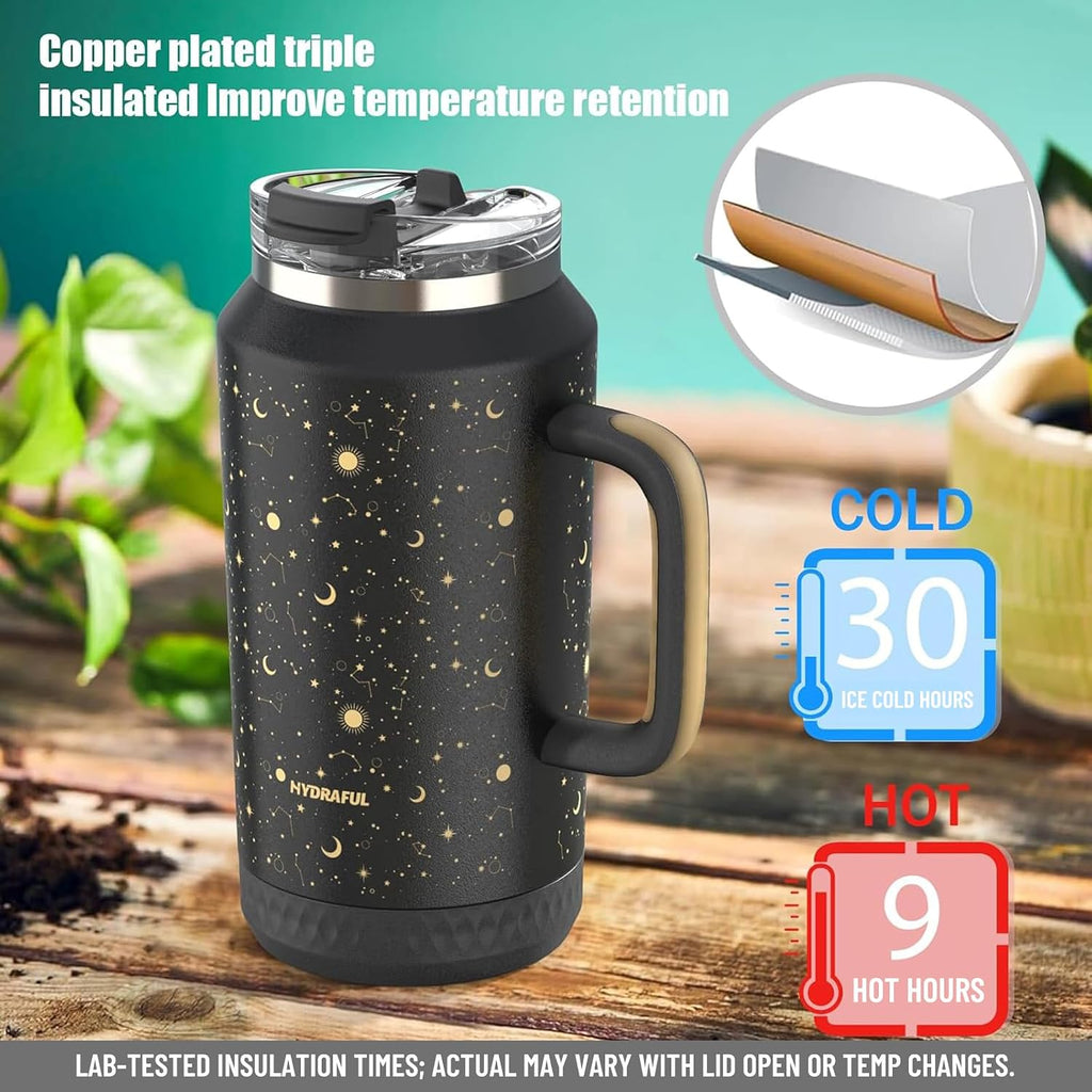 Hydraful Vaso de 64 onzas con asa y pajilla, 100% a prueba de fugas, vaso aislado reutilizable, botella de agua grande de acero inoxidable, taza de viaje para gimnasio, senderismo y campamento